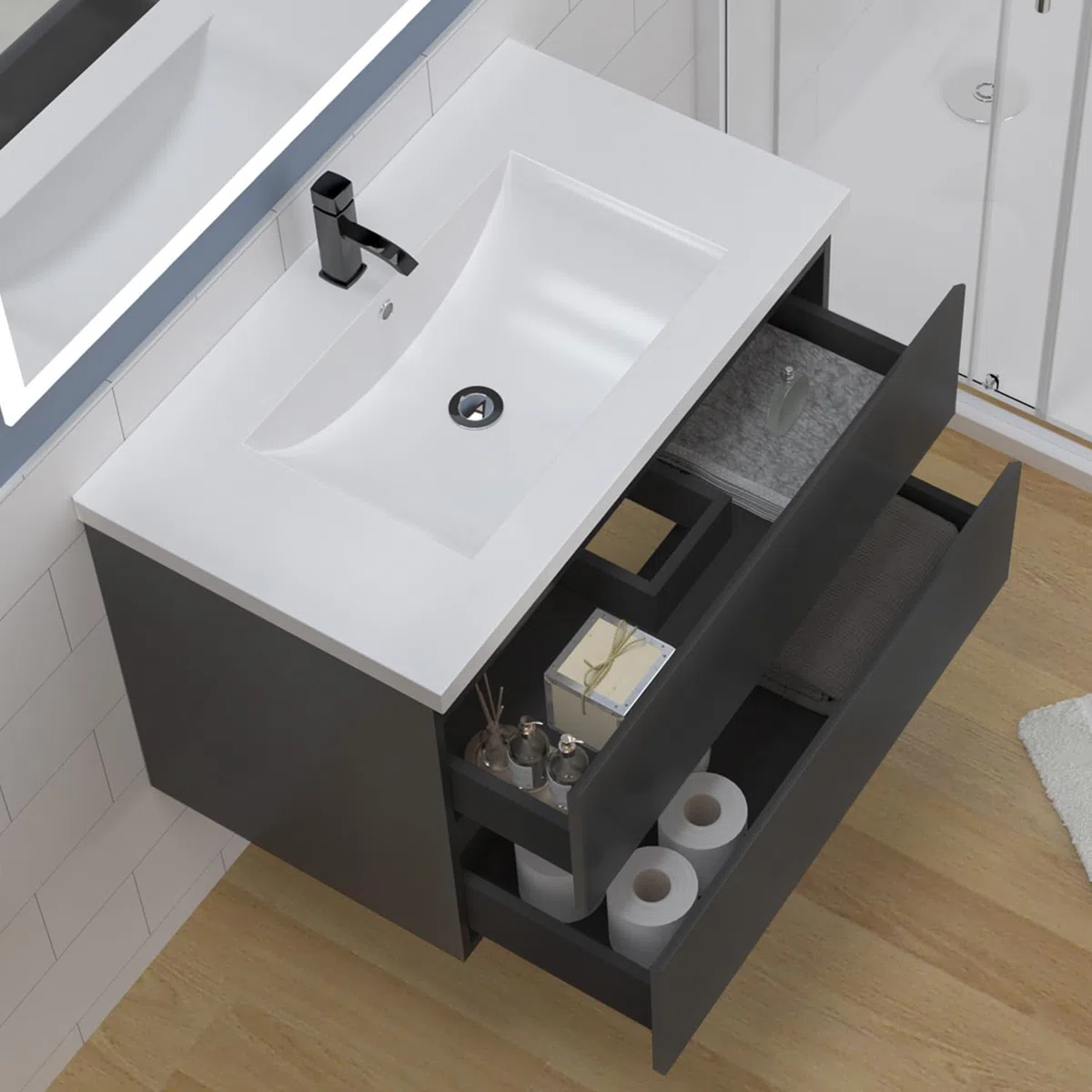 Aica Sanitär Waschtisch mit Unterschrank 100cm Alast Badmöbel Set Hochglanz Anthrazit Waschbecken mit Unterschrank MDF Softclose
