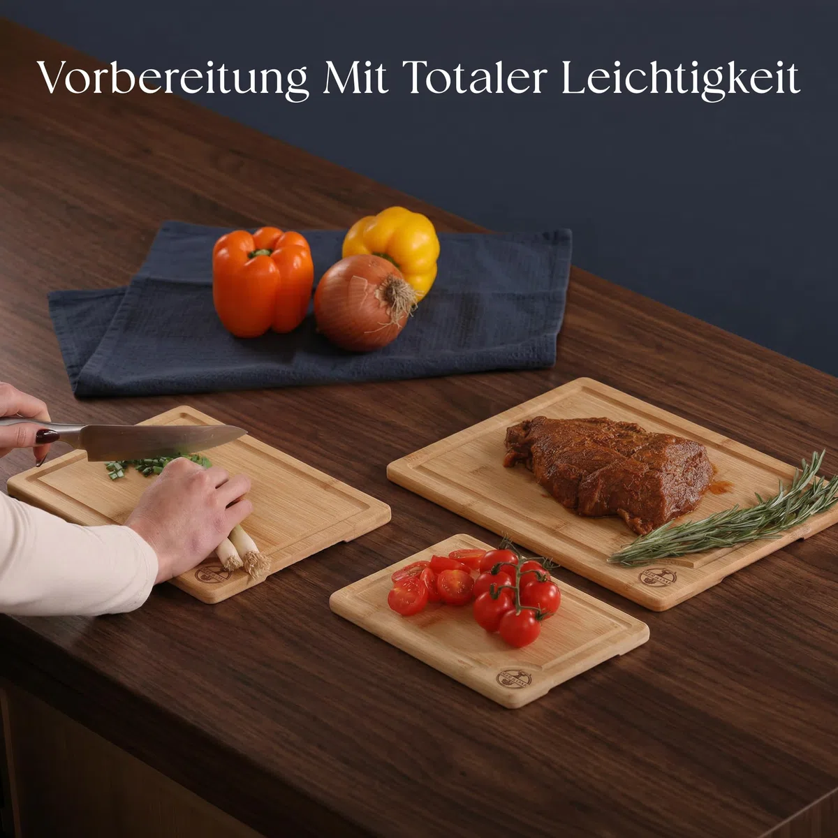 Deer & Oak Schneidebrett Holz Set 3-teiliges Vorgeölt Bambus Schneidebrett mit Griff & Saftrille, Küchenbrett, Schneidebretter Holz, Schneidbrett, Holzbrett Küche