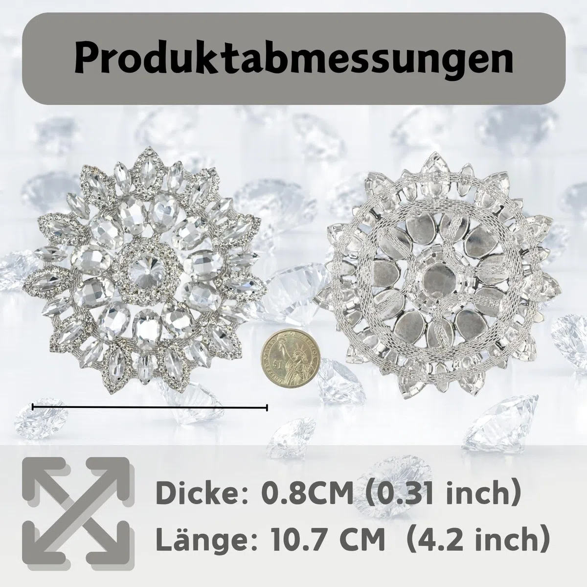 PEARLY JUN 2 Pcs Silver White Sonnenblumen Handgefertigte Strass Applikation Glass Rhinestone Applique Näh Applikationsaufnäher mit Kristallen Strass Applikation für Brautkleid DIY Taschen
