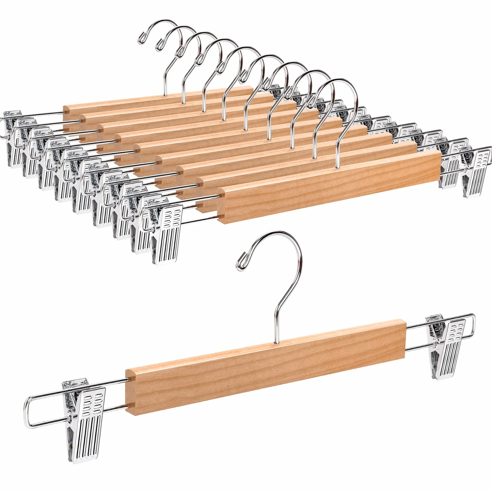 Amber Home 10 Stück 36cm Natürliche Kleiderbügel aus Holz, Robust und Glänzend Hosenbügel Aufhänger für Hosen Shorts Rock Socken Unterwäsche, mit rutschfest Clips und Drehbar Haken