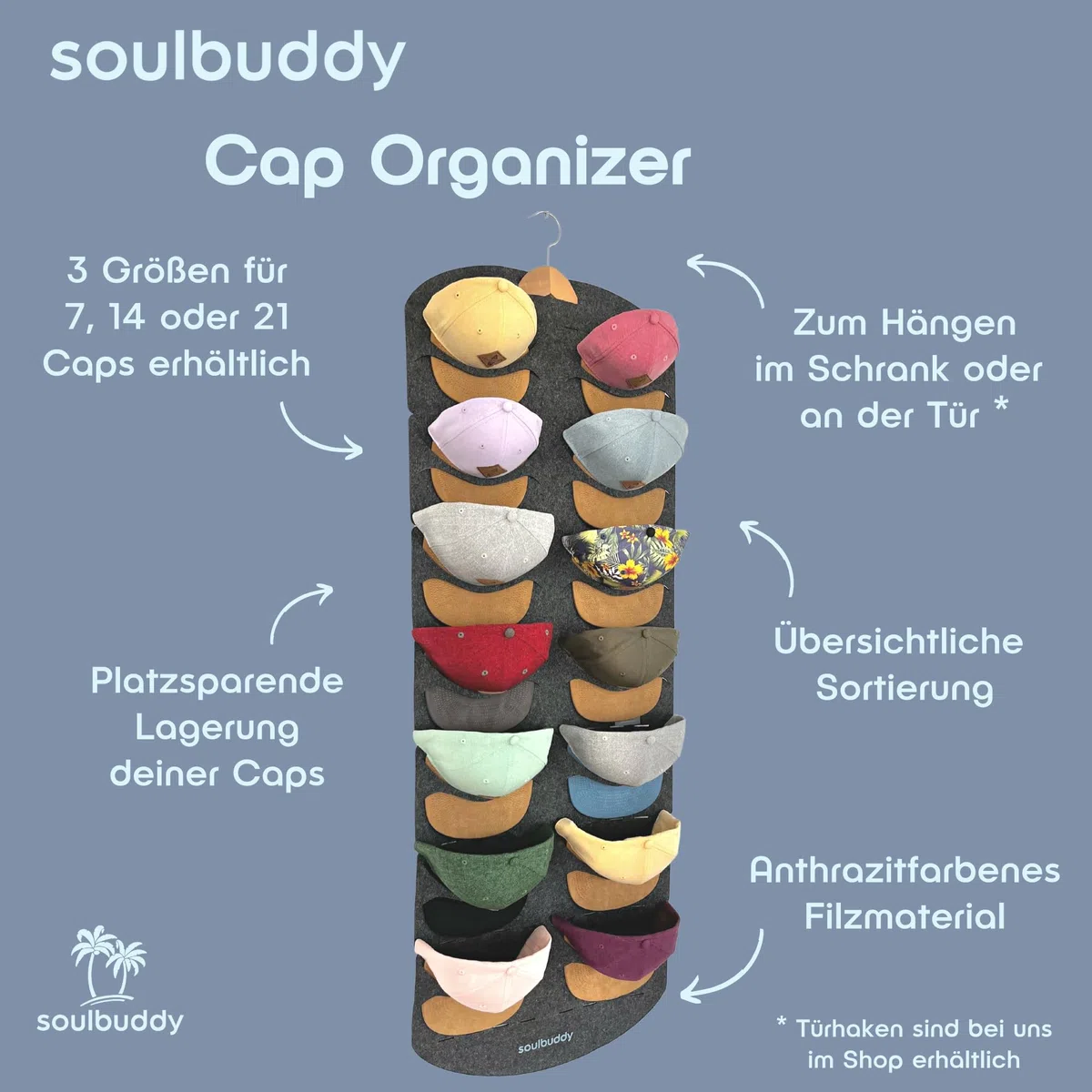 Soulbuddy Cap Organizer für 7 Caps | Aufbewahrung für Schirmmützen | Hängeregal für Kappen | Hat Storage | Baseball Cap Halter