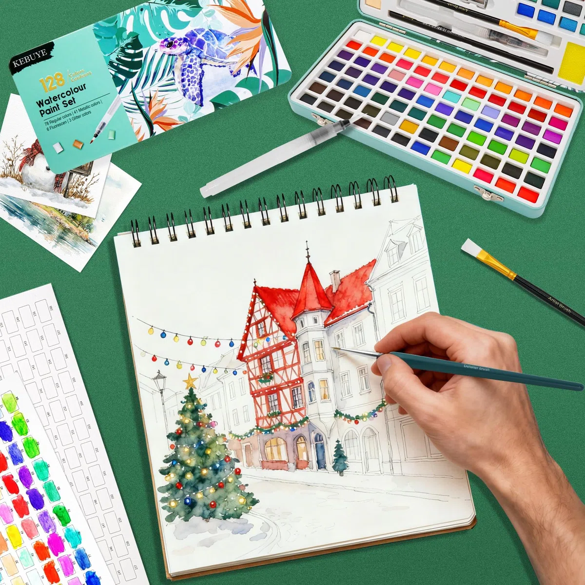 Aquarellfarben Set mit 128 Farben- Watercolor Paint in Tragbarer Box - Aquarell für Kinder Erwachsene Reisen Glitzer Wasserfarben Inklusive Zeichenstift Pinsel und Stift fur Kunstler und Hobbyisten