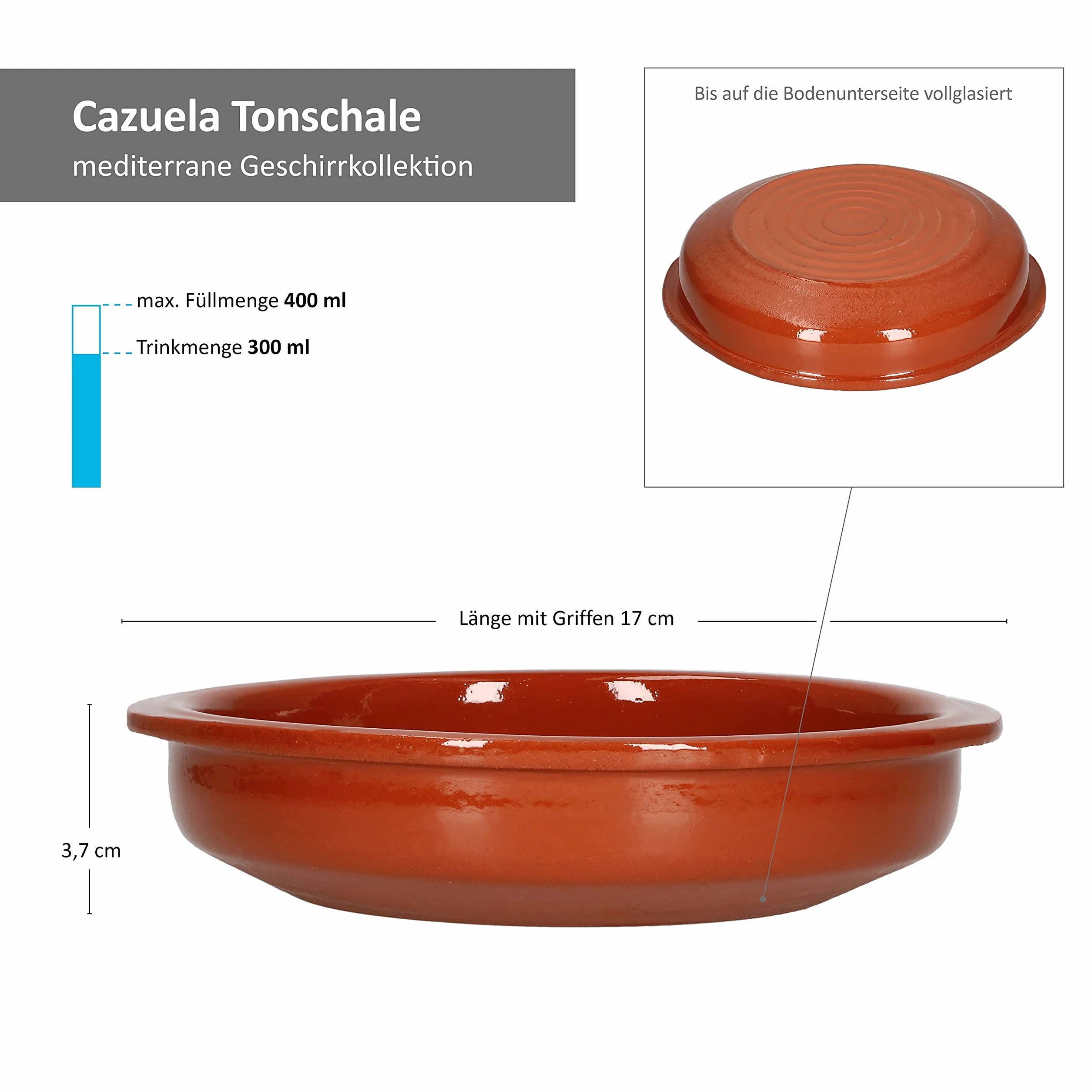 MamboCat Cazuela mit Griff 6er Set Schalen Bernd 300ml Auflaufform rund 16cm aus Ton glasiert Größe M I Ton hitzebeständig für Auflauf Tiramisu Fingerfood I Unikat Handarbeit Vintage I Mittelalter