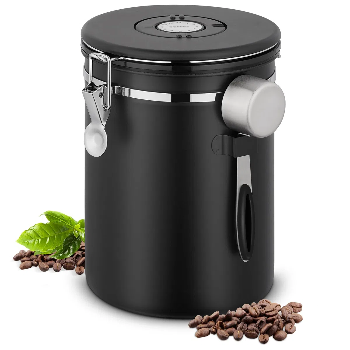 Kaffeedose Luftdicht, 2,8 L Kaffeebohnen Behälter aus Edelstahl, 1kg Bohnen Vakuum Kaffee Dose, Luftdichte Edelstahl Kaffeedose mit CO2-Ventil, Messlöffel & Datumsanzeige für Tee Nüsse Kakao