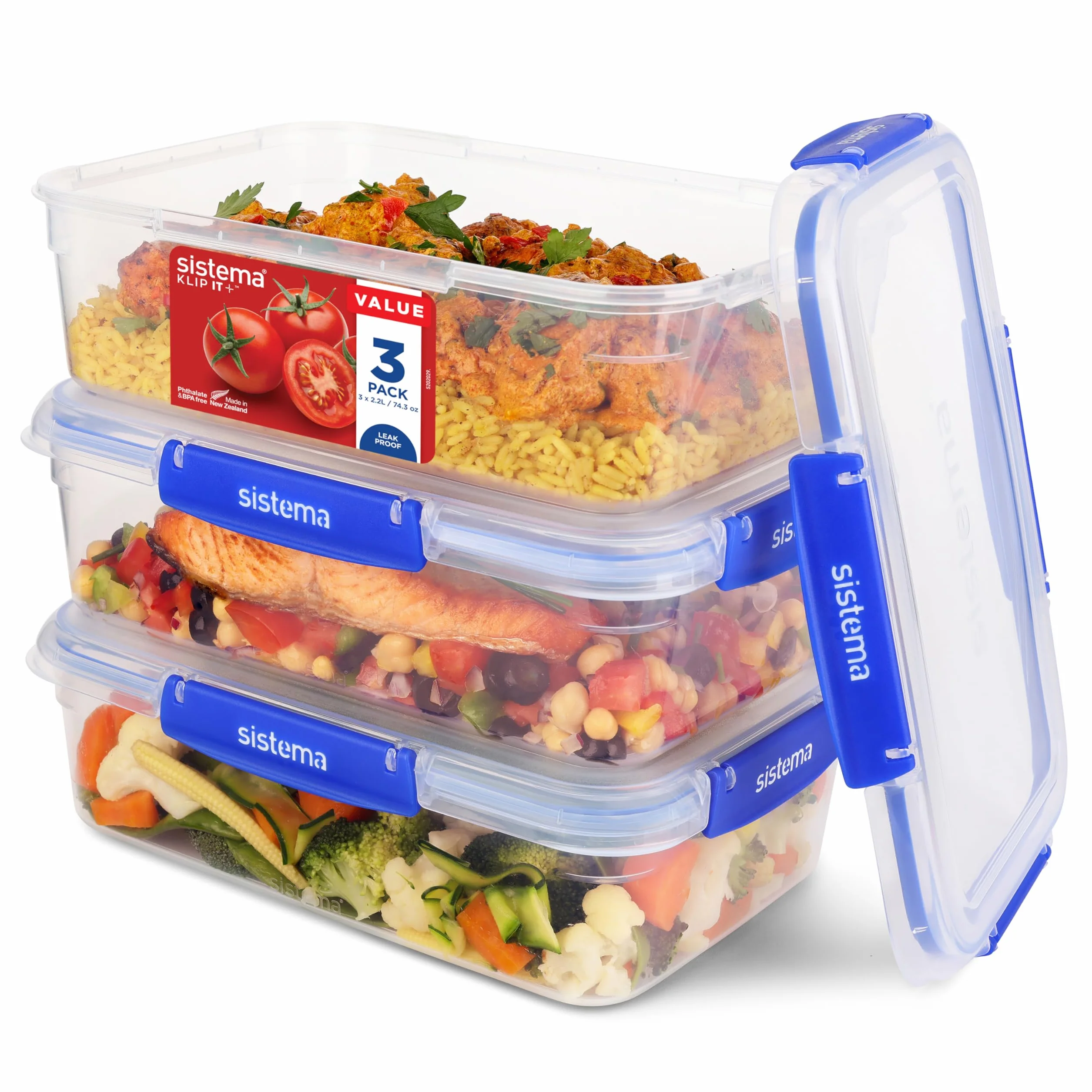 Sistema KLIP IT PLUS Frischhaltedosen Set | 2,2 l | auslaufsichere, stapelbare und luftdichte Vorratsdosen mit Deckel | geeignet für Kühl-/Gefrierschrank | Brotdose schule | 3 Stück