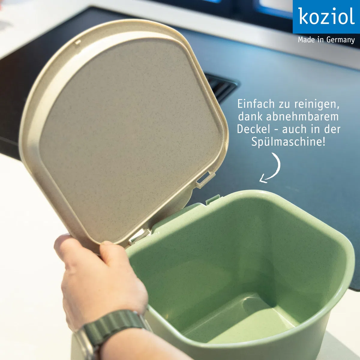 Koziol BIBO Biomülleimer 3 Liter mit Deckel | Küchenabfalleimer, Komposteimer | biozirkulärer Kunststoff, langlebig, kompakt, spülmaschinengeeignet | Küche, Haushalt (nature leaf green)