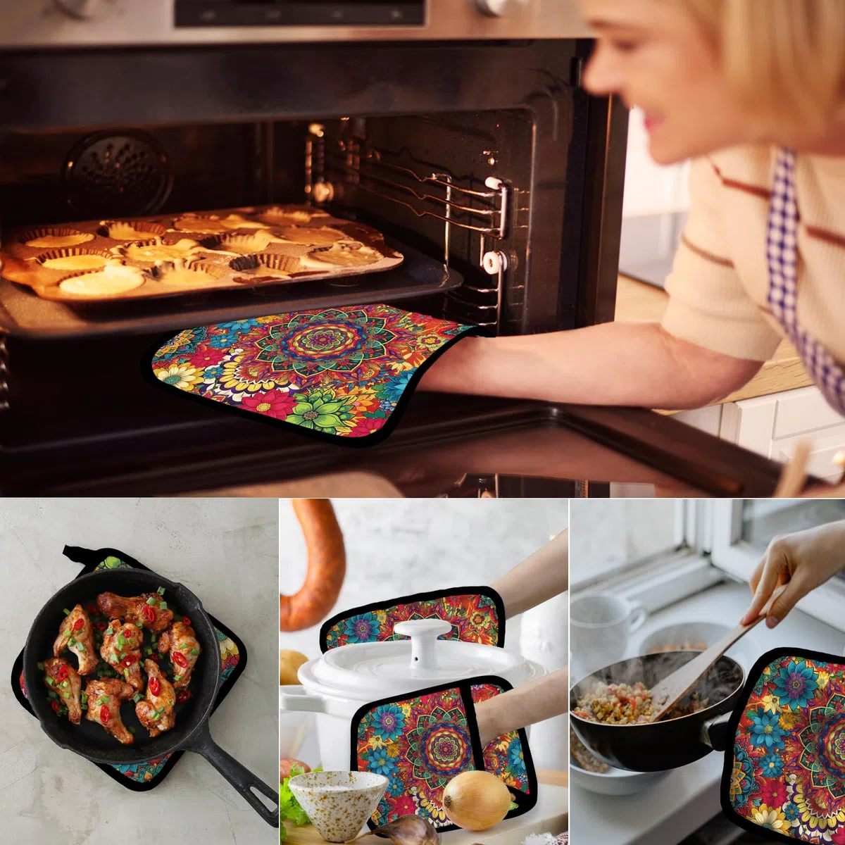 FREEBLOSS 2 Topflappen Aus Baumwolle Hitzebeständig Für Küche Und Backofen Geeignet Mandala Muster 7.9x9.5 Zoll