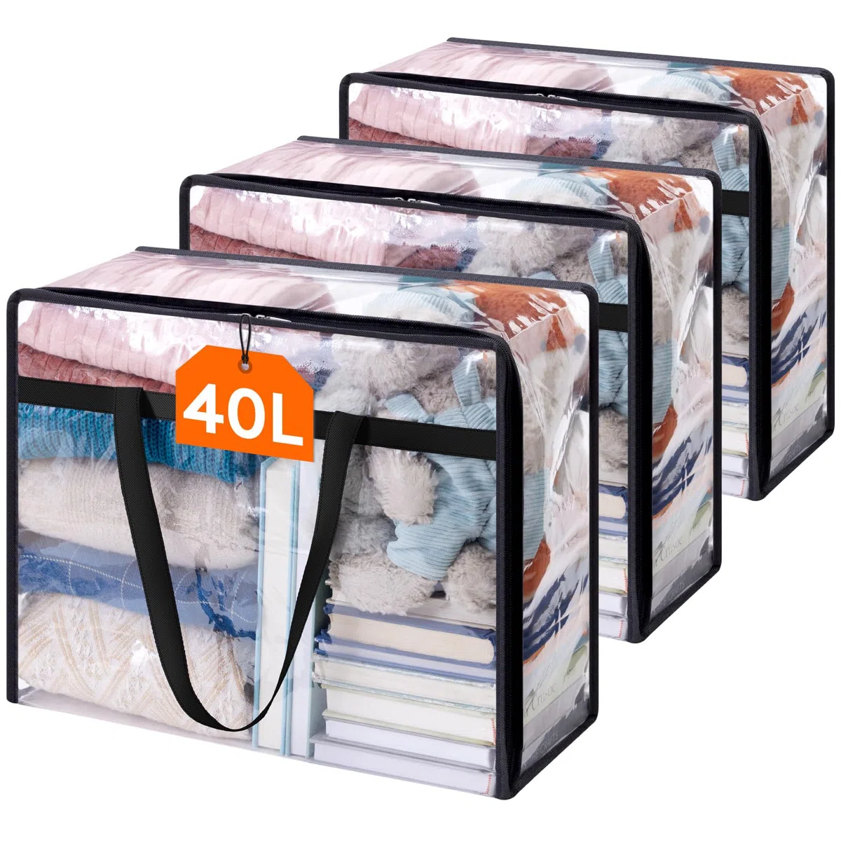 Lifewit 3 Stück Transparente Plastik Aufbewahrungstasche, 40L Kleiderschrank Organizer Aufbewahrungsbox mit Deckel Kleideraufbewahrung Umzugskartons mit Verstärkter Griff für Bettdecken, Kleidung