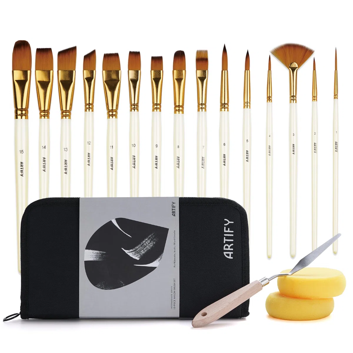 Artify 15-teiliges Pinsel-Set für Acryl-, Öl-, Aquarell-, Gouache-Malerei, inklusive Pop-Up-Tragetasche mit Palettenmesser und 2 Schwämmen