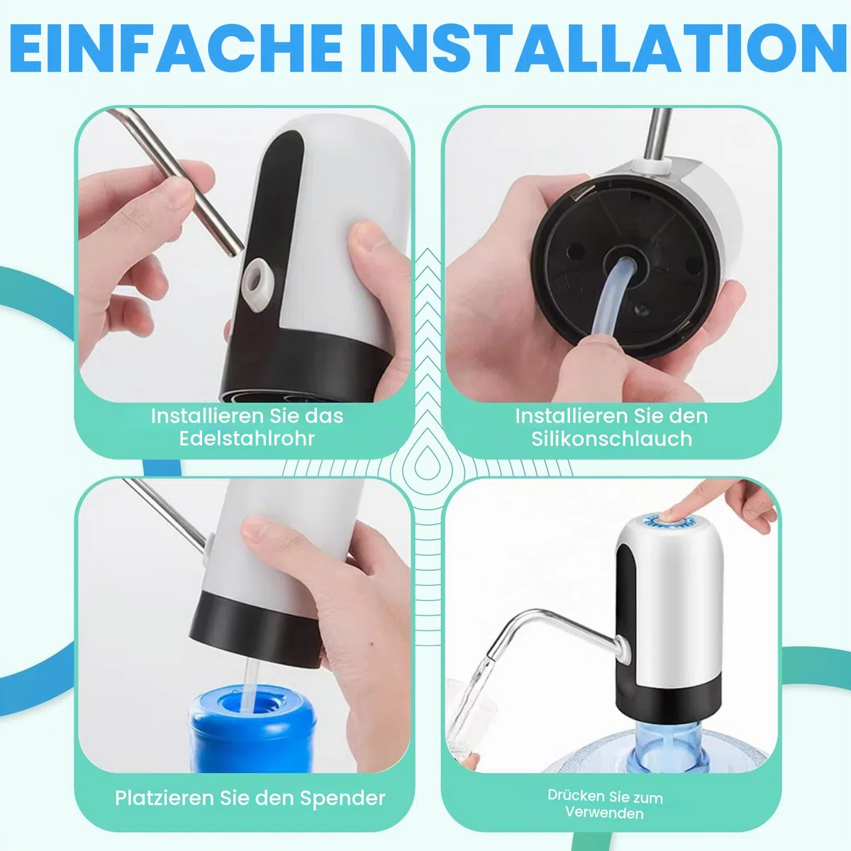Wasserspender, elektrischer Wasserhahn für Kaltwasserkanister, Dosierpumpe mit zwei Adaptern, 5,7 l, 10 l, 11,3 l, 15 l, 18,9 l.