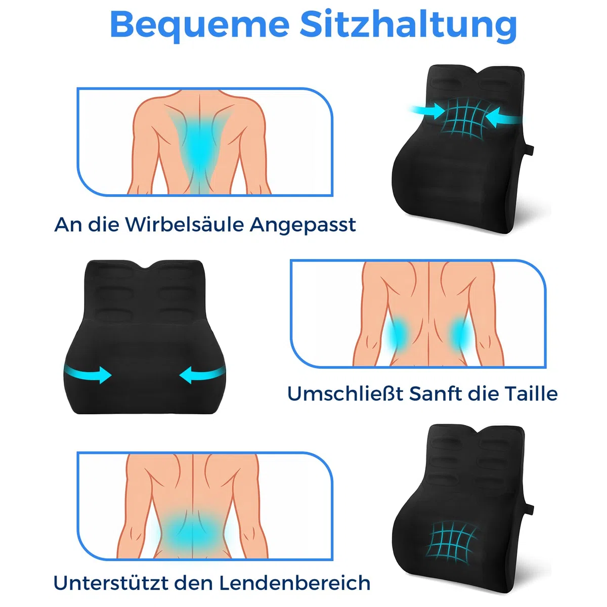 Lendenwirbelkissen Ergonomisch, Rückenkissen für Auto, Büro und Zuhause, Lendenkissen mit Memory Foam und Atmungsaktiver Hülle, Lordosenstütze zur Schmerzlinderung, Schwarz