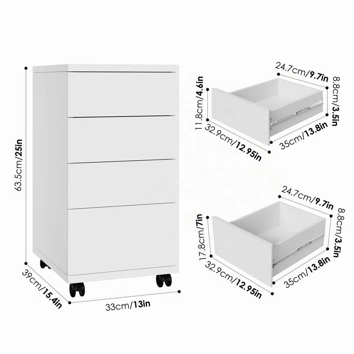 HOCSOK Rollcontainer mit Schubladen, Rollcontainer Schreibtisch mit Rollen, Büroschrank unter dem Schreibtisch für Zuhause und Büro (Weiß)