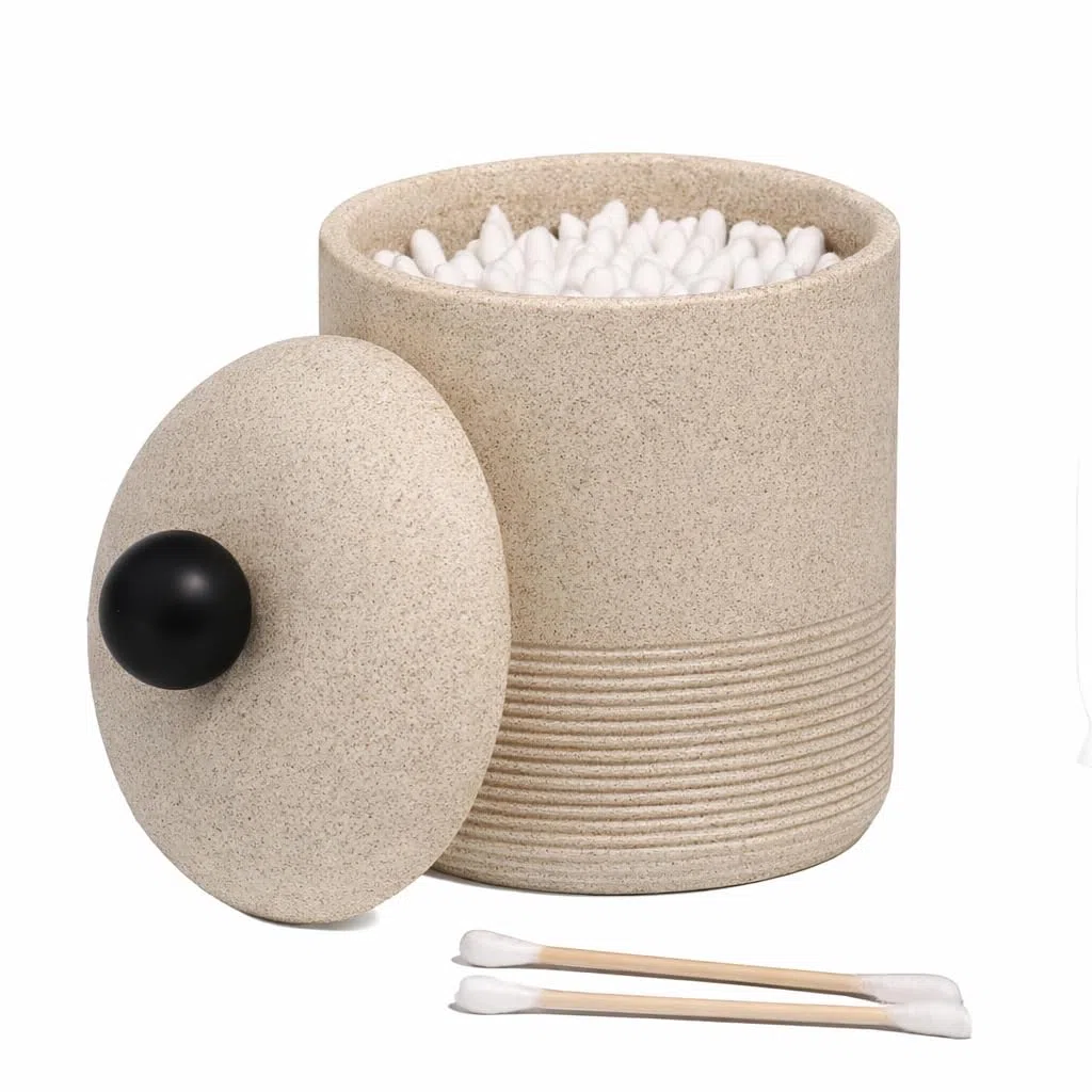 Wattestäbchen Behälter mit Deckel, Langlebiger Wattepads Aufbewahrung zur Badezimmer Aufbewahrung & Organisation für Qtips Behälter, Zahnseidesticks und Wattestäbchen - Beige