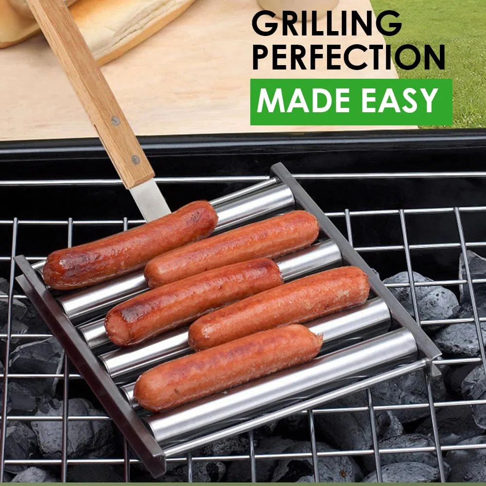 Rollender Wurstgrill Edelstahl-BBQ-Hot-Dog-Rollgestell mit langem Holzgriff und 4 Spießen für Außengrill, 5 Hotdog-Kapazität, Mittel