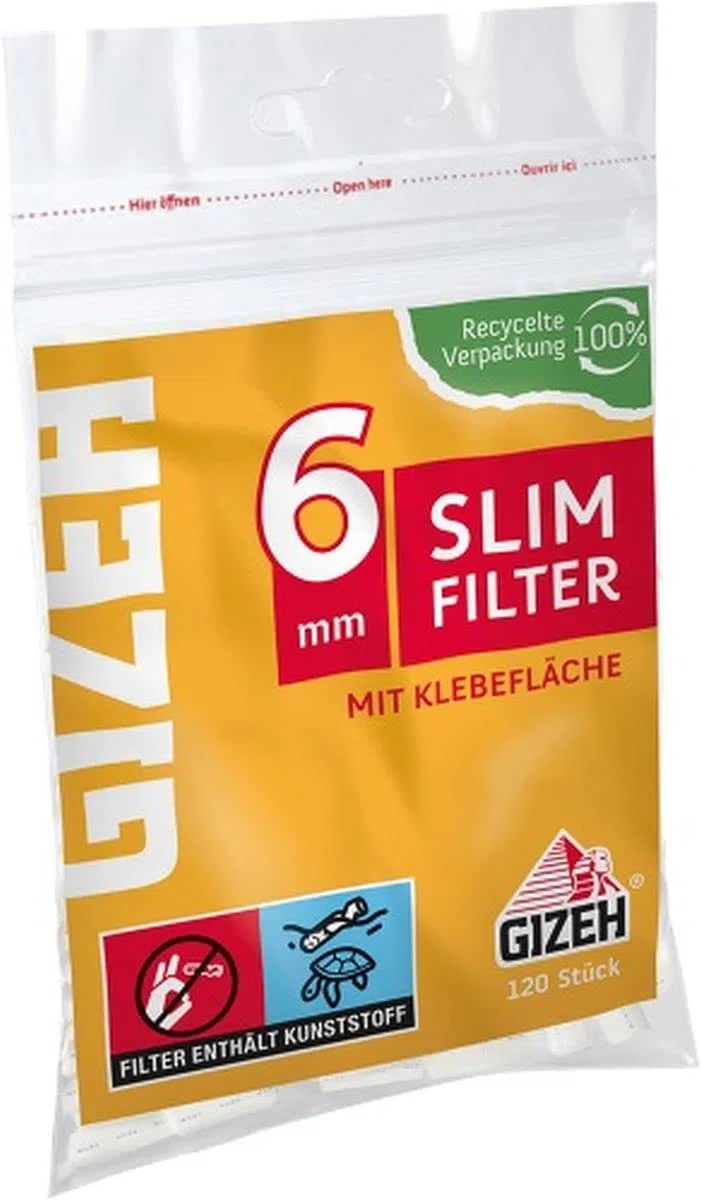 GIZEH Slim Filter – Slim Filter 6mm Durchmesser – Filter mit Klebefläche für besseren Halt – 20er Pack á 120 Filter mit 15mm Länge in wieder verschließbarem Beutel