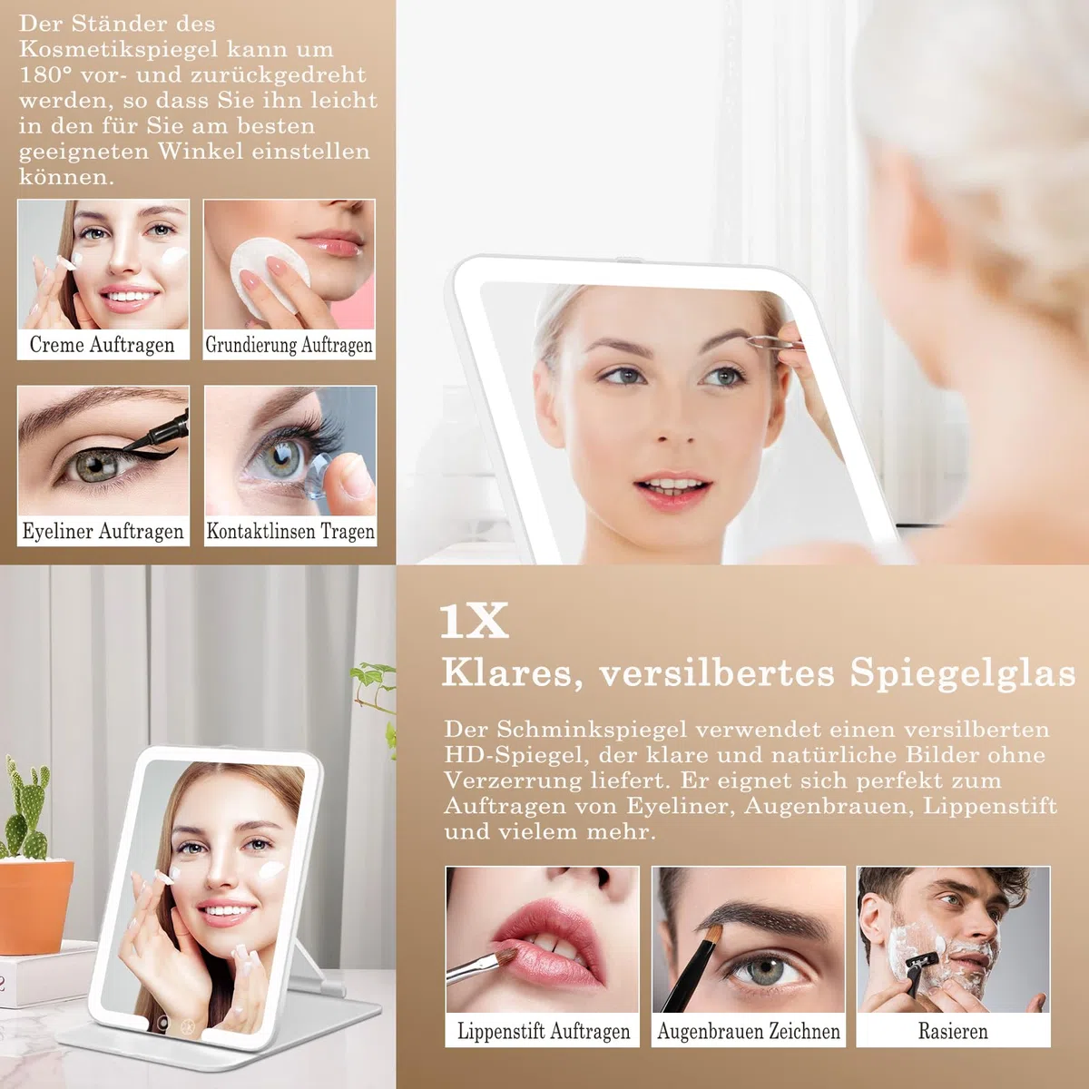 Kosmetikspiegel mit Beleuchtetung, Wiederaufladbar Touchscreen Schminkspiegel, 3 Farben Dimmbarer Faltbar Tischspiegel, Ultraschlank Tragbarer Reisespiegel mit Licht