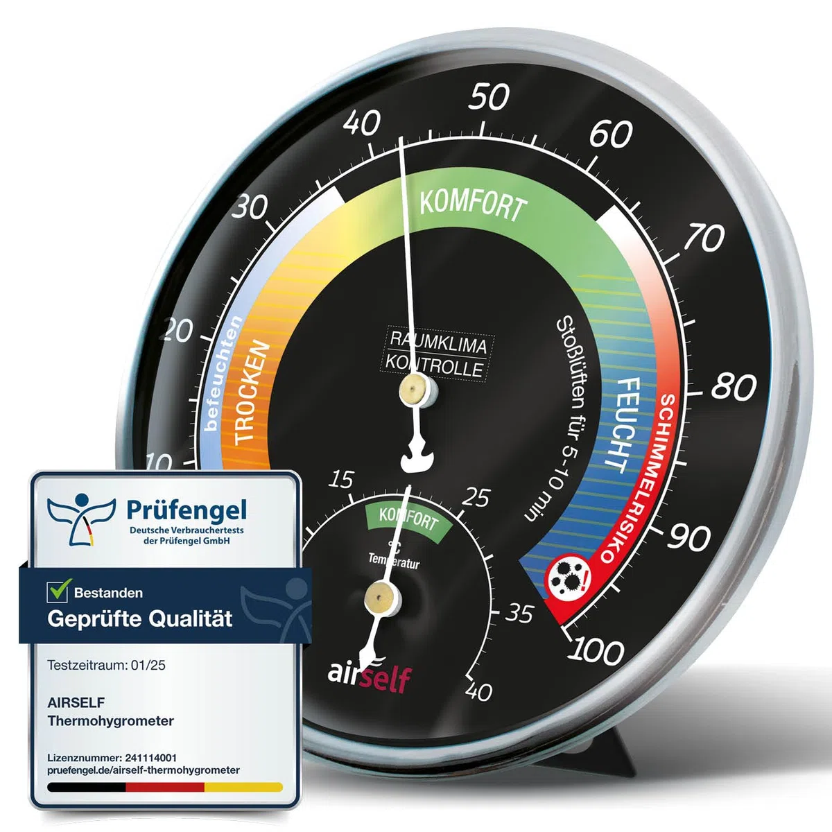 Thermohygrometer analog innen, schwarzes Ziffernblatt, farbige Komfortzonen | Thermometer und Feuchtigkeitsmesser