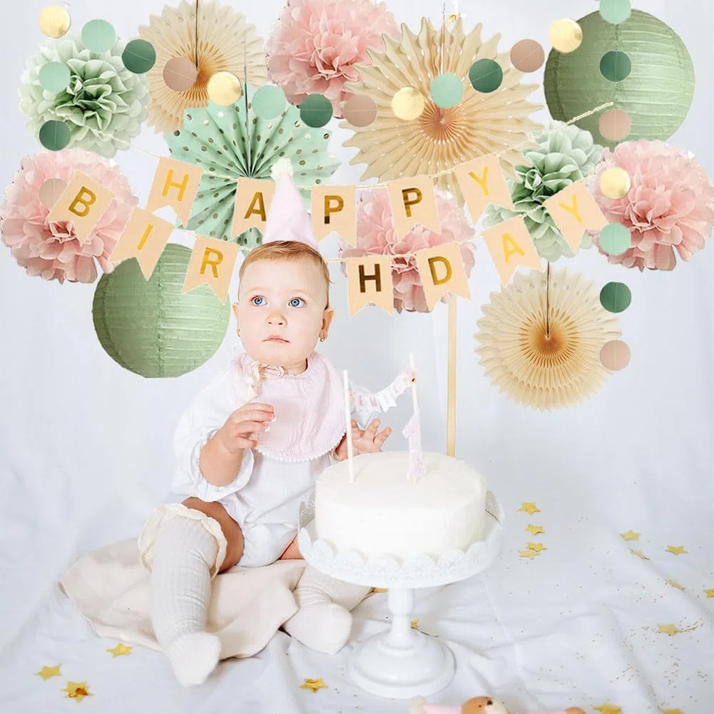 Geburtstagsdeko Salbeigrün Hellrosa Mädchen Deko Geburtstag Salbeigrün Rosa Boho Geburtstagsdeko Hellrosa Pastellgrün mit Happy Birthday Banner Beige Gold für Frauen