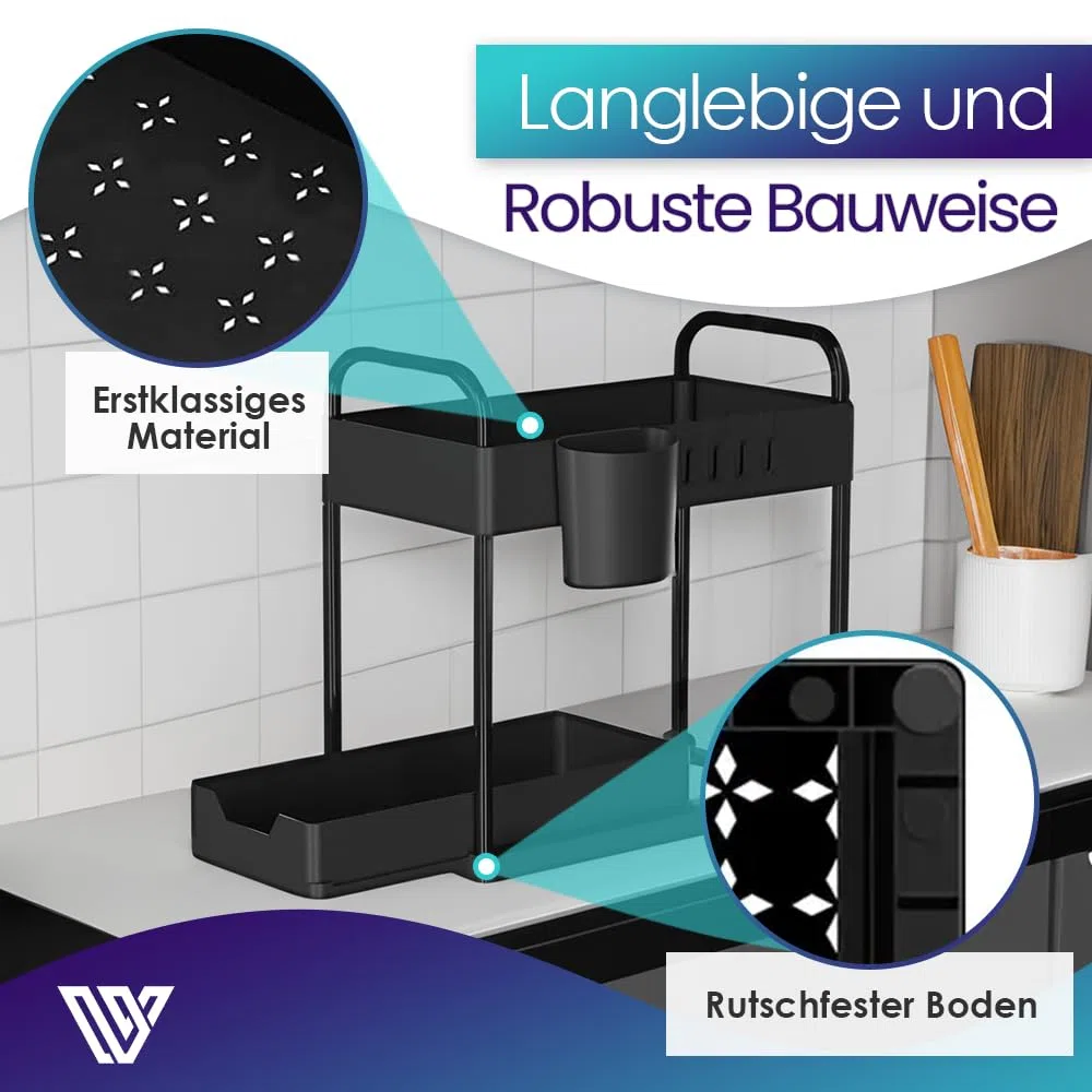 Unter-Spüle Organizer – Küchen Organizer für Spülenschrank & Bad – 2 Etagen Regal platzsparend mit 4 Haken, 2 Bechern & 4 Trennblättern – Schwarz