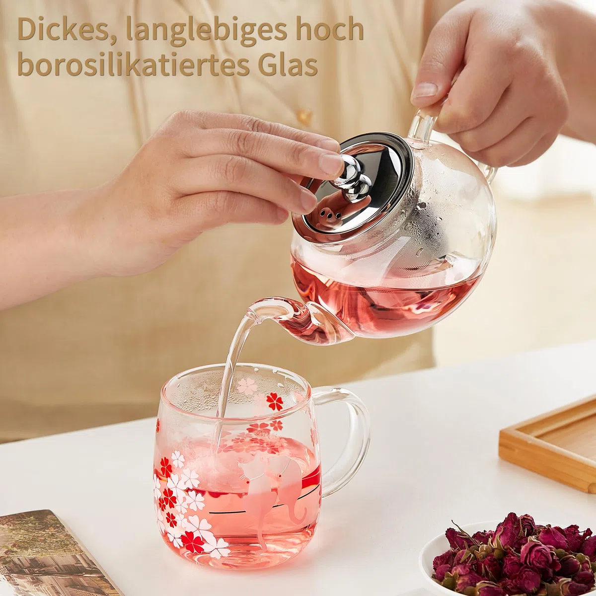 MESNEY Glas Teekanne, MEISINNI Teekanne mit Siebeinsatz, Glaskanne mit Deckel, Borosilikatglas, Hitzefest, Mikrowellenbeständig für Schwarzen Tee und Grünen Tee, 600 ml