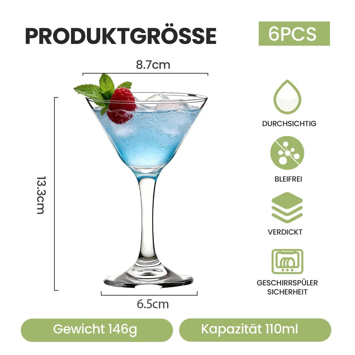 Klassisches Martini Glas Set von 6,110ml Cocktail Gläser Hochwertiger Bleifreier Kristall für Martini Cocktails Mischte Getränke