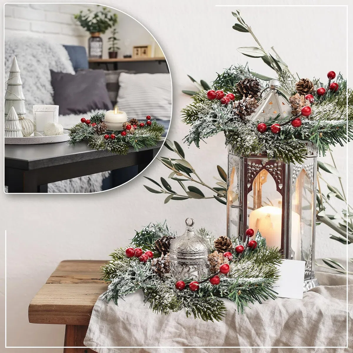 KAHEIGN 4Pcs Weihnachtskerzen Ringe, 20CM Künstlicher Roten Beeren Kränze Weihnachtskerzenringe Verschneiten Tannennadeln Kerzenhalter für Weihnachten Tisch Deko, Tannenzapfen-Kerzenringgirlande