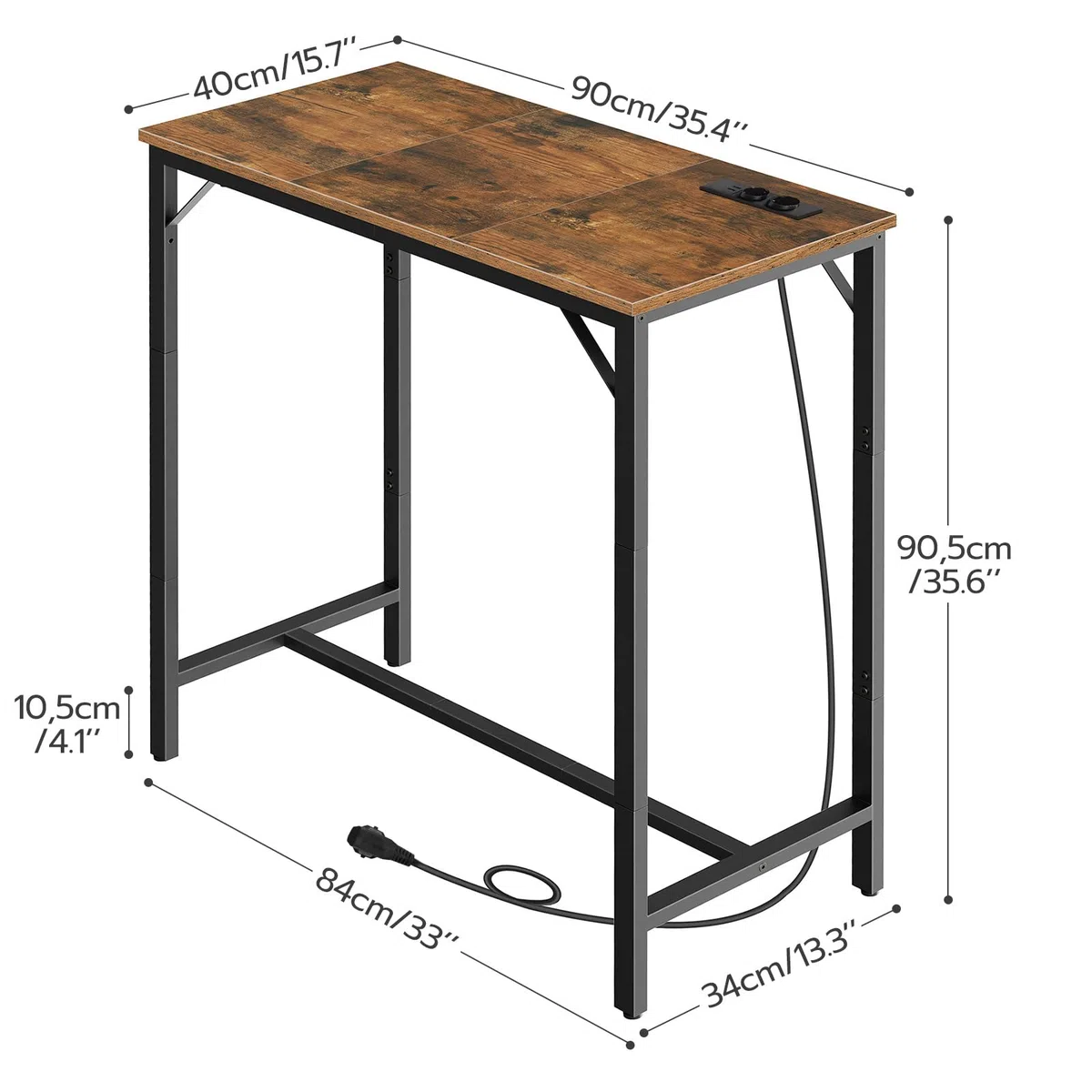 HOOBRO Bartisch mit Ladestation, Küchentisch, rechteckiger Stehtisch, untere Querstrebe, dreieckige Stützstruktur, Langer schmaler Bartisch, Vintage-Stil, rustikales Braun EBF90CBT01