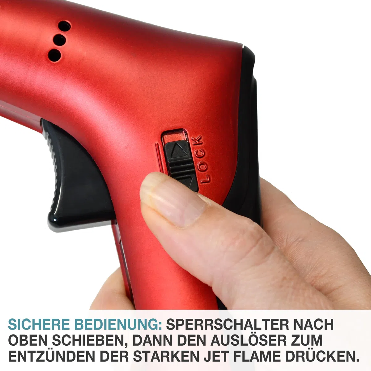 TOM Flambierbrenner Set MIT Gas befüllt + 1 x Butangas Kartusche – Profi Gasbrenner mit Sicherheitsschloss für Küche, Haushalt, Camping & Werkstatt – nachfüllbar – in zwei Farben – Jetflame (Rot)
