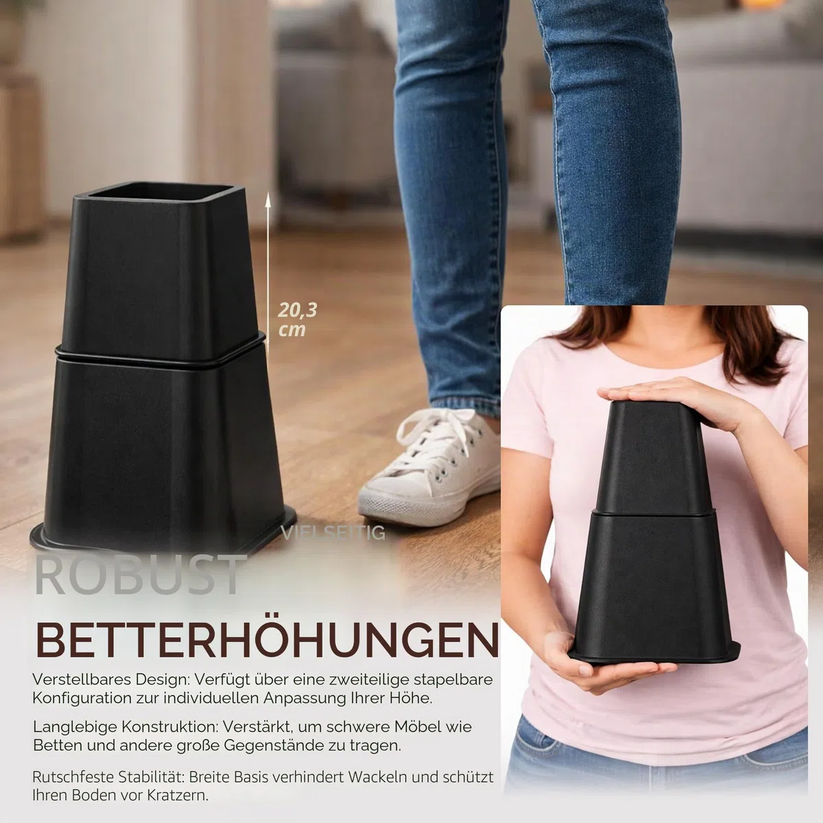 Utopia Bedding 8 Stück Hochwertige verstellbare Möbelerhöher (4 hoch und 4 kurz) - Starke platzsparende Steigleitung - Betthöher, Tischerhöher, Stuhlerhöher, Sofaerhöher (7 bis 20cm)- (Schwarz)