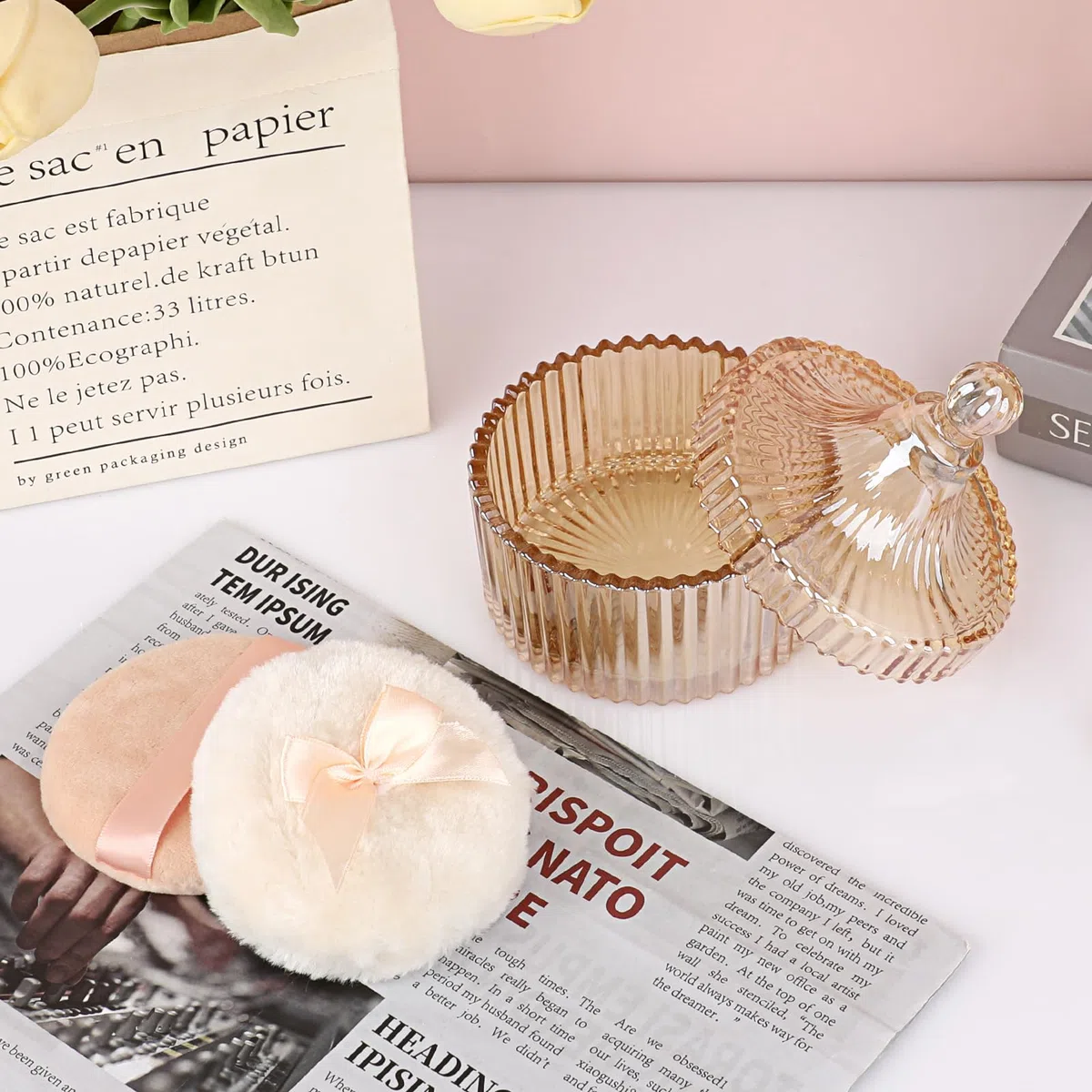 3pcs Puderdose Set aus Glas,Körperpuderbehälter, Babypuder Dose mit Puderquaste,Puderetui für Körperpuder,Talkumpuder,Kosmetikpuder zu Reise Geburtstag als Geschenk(Kein Pulver) (Bernstein)