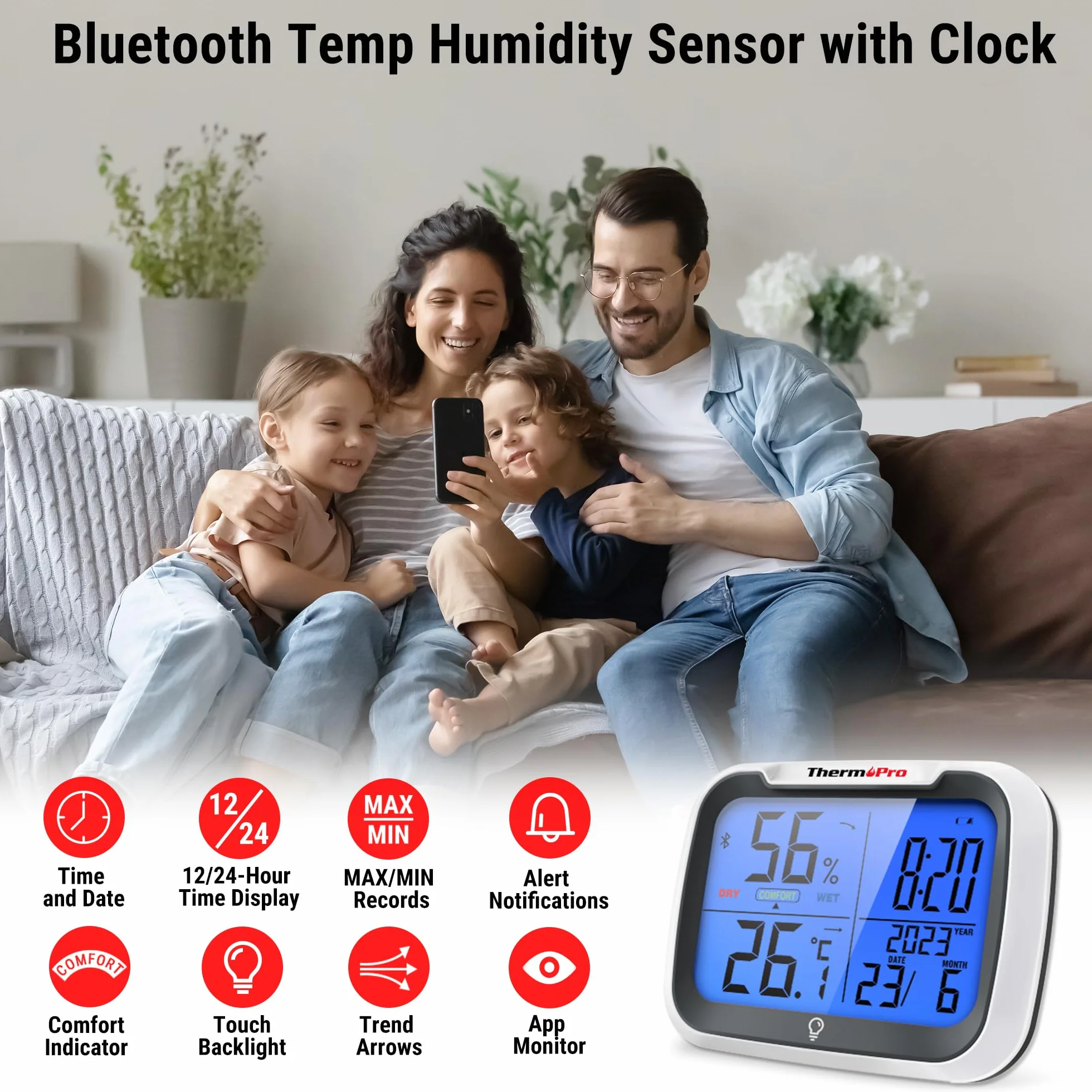 ThermoPro TempPro Bluetooth Hygrometer Thermometer Innen ±0.5℃ Luftfeuchtigkeitsmesser mit Uhrzeit Datum Thermometer für Innenräume, Büro, Großes Display Blau