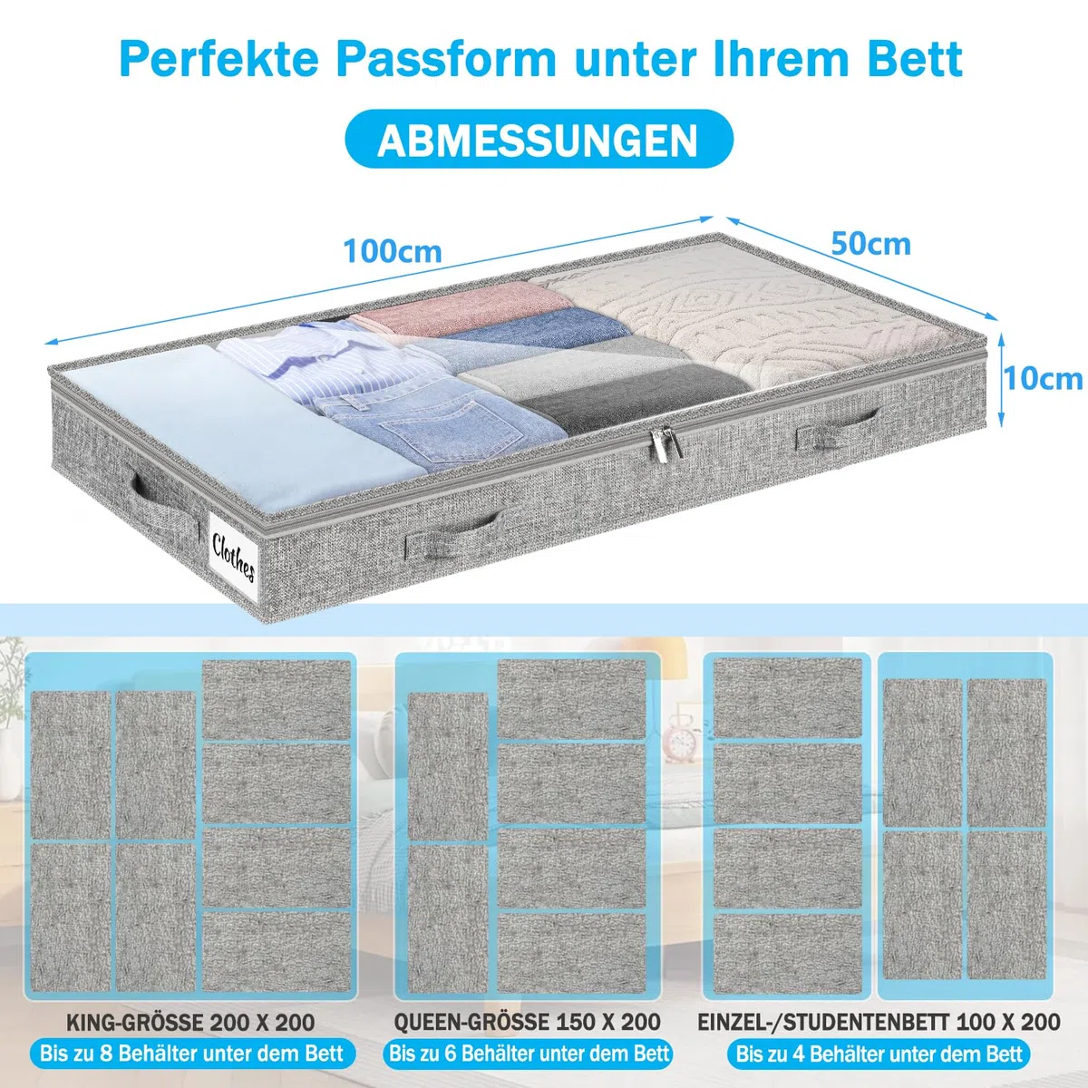 Unterbett Aufbewahrungsbox 2 Stück Unterbettkommode und klarem Deckel, 10cm hoch Kleideraufbewahrung & Organisation aus langlebigem Material, ohne feste Struktur, 4 Griffen & 2 Reißverschluss, Faltbar