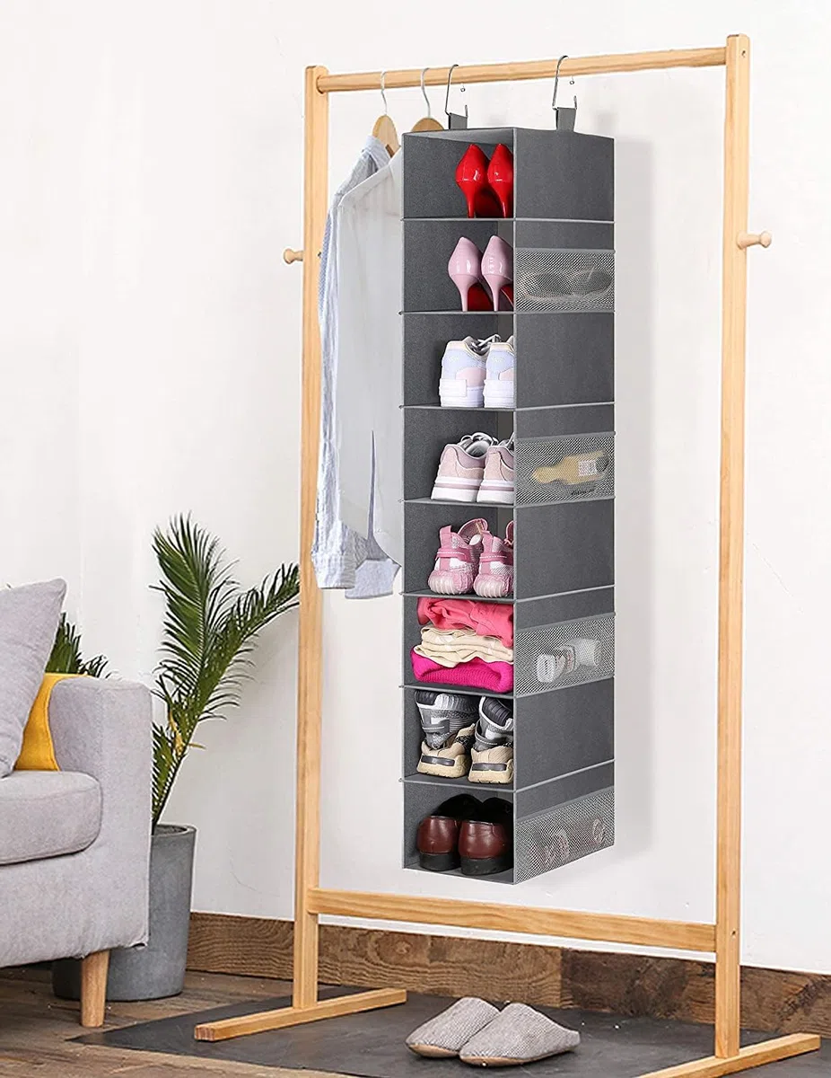 MISSLO 8-Regal Hängende Schuh Organizer Kleidung Schrank Organizer und Aufbewahrungsregale Huthalter mit großem Regal und seitlichen Mesh Taschen für Hüte Handtaschen Kid Pullover, grau
