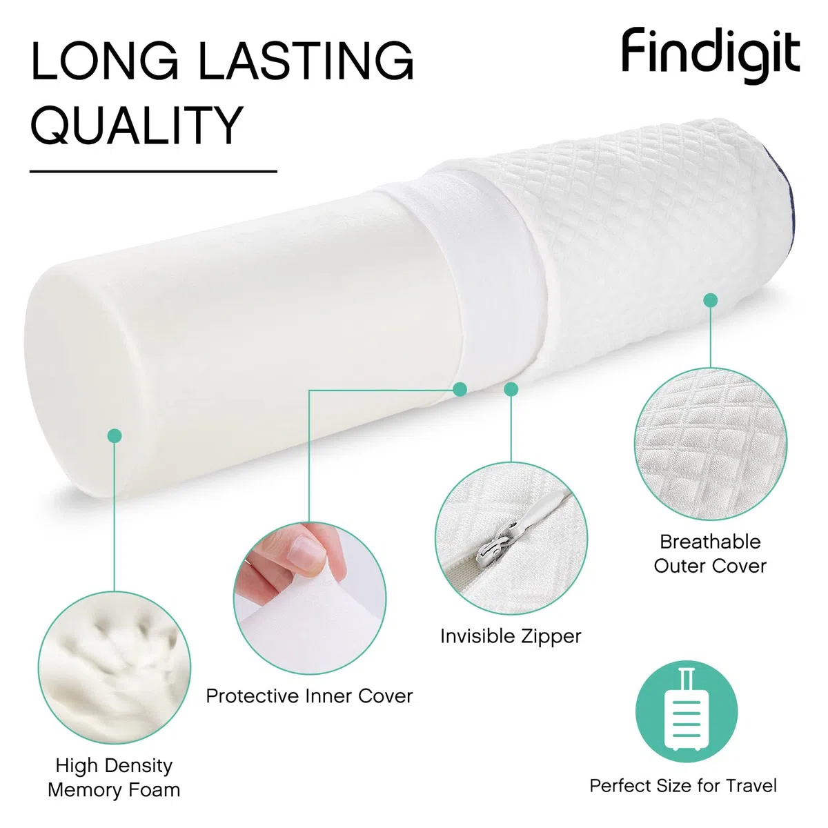 Findigit Nackenrolle, Memory Foam Kissen Rund, Mittelhart, Nackenkissen mit Bezug, Knierolle, Rückenkissen Sofa, Reisekissen, Navy