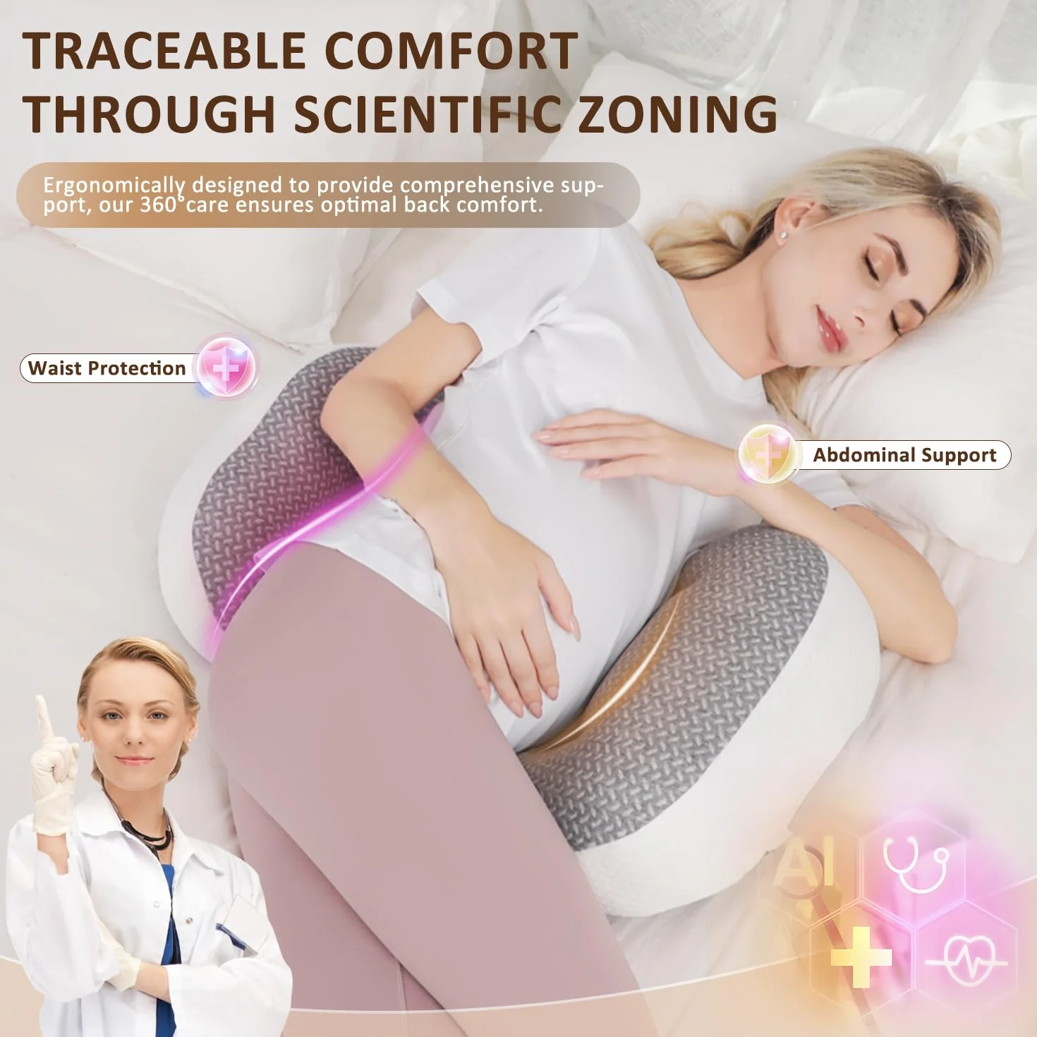 Chilling Home Schwangerschaftskissen zum Schlafen, Seitenschläferkissen für den Bauch, Verstellbares und Tragbares Körperkissen für Frauen und Seitenschläfer mit Atmungsaktivem Bezug (Grau)
