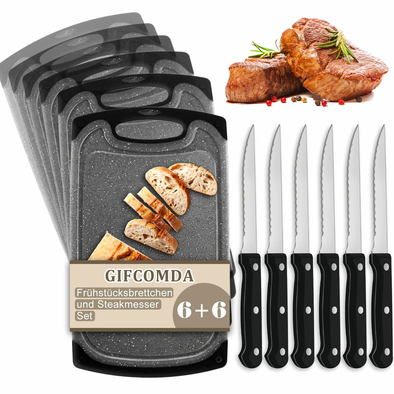 Frühstücksbrettchen 6er Set mit 6er Steakmessern, 25x15cm Kleines Dunkelgrau Frühstücksbrettchen Kunststoff Set, BPA frei, Antibakteriell, Rutschfest mit Saftrille, Spülmaschinenfestes