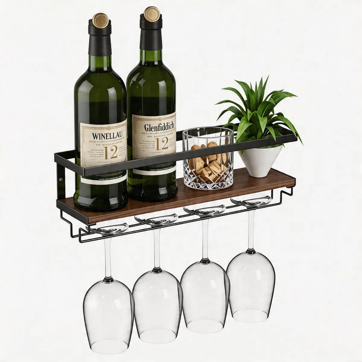 B4Life Wandmontiertes Weinregal mit Stielglas-Aufhänger, wandmontierter Weinglashalter, Flaschenglas, schwebendes Regal, hängende Flaschen, Ausstellungsaufbewahrung, Organizer für Bar, Zuhause, Küche