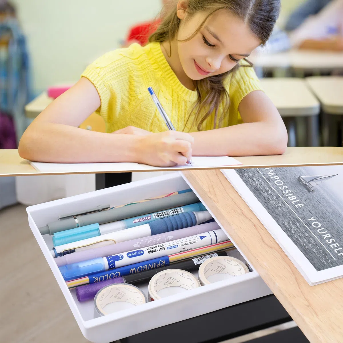 2 Stück Selbstklebende Schubladen Versteckt unter dem Schreibtisch Mini Aufbewahrungsbox für den Schreibtisch, Weiß