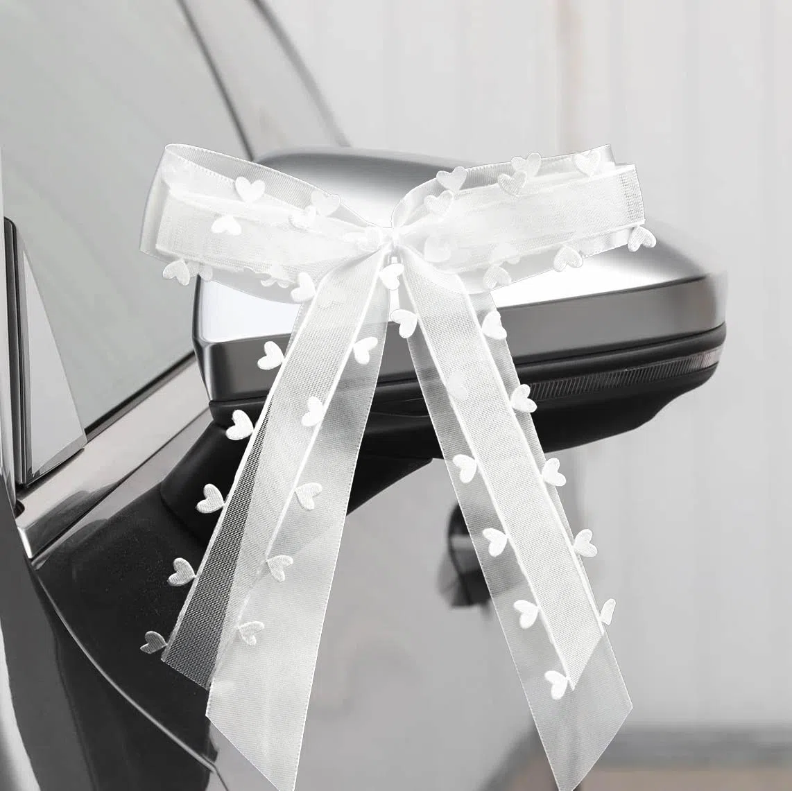 50 StüCk Autoschleifen Hochzeit - Weiß Mit Herzen Schleifen Auto - Hochzeit Weihnachtsschleifen Hochzeitsdeko - Handgemacht Satinband FüR Hochzeits (25 * 15cm)