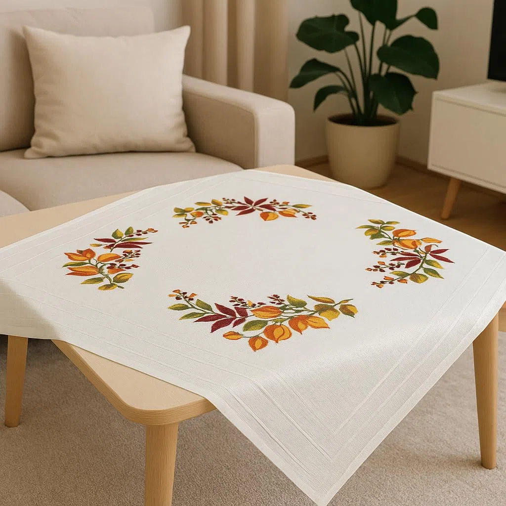 KAMACA Stickpackung Tischdecke Herbst Spannstich Set vorgedruckte Stickdecke inkl. Stickgarn Stickvorlage und Anleitung Stickset zum Selbersticken für Erwachsene (Blätter und Beeren MD 80x80 cm)