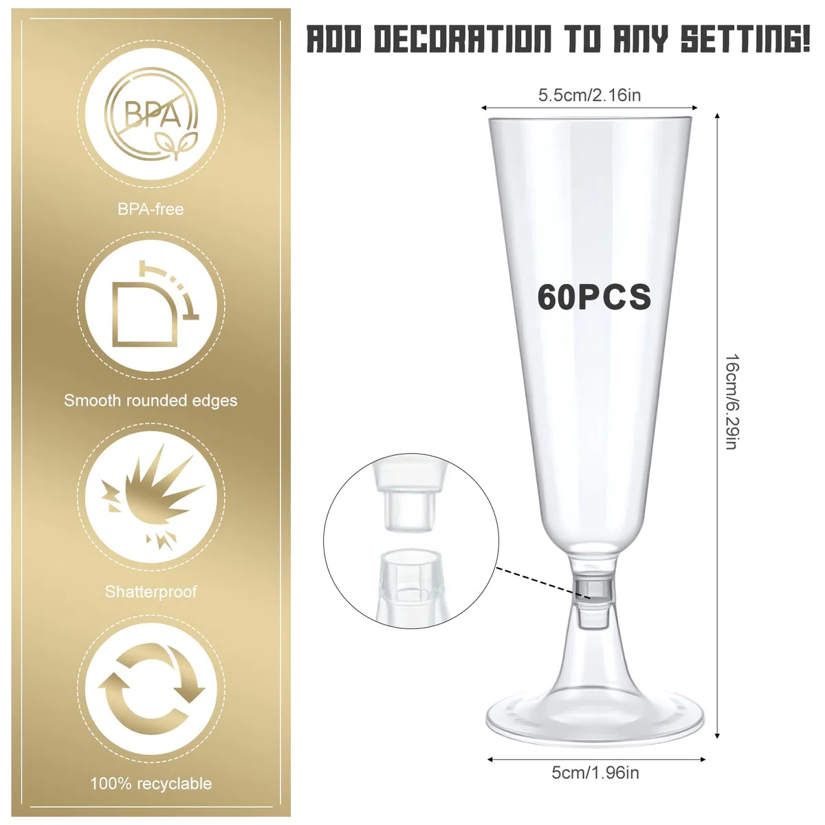 lafo 60 Stück Sektgläser Plastik Mehrweg - 160ml Champagnergläser aus Kunststoff, Klare Hochzeit Sektgläser, Wiederverwendbare Partygläser für Hochzeit, Geburtstag, Oktoberfest