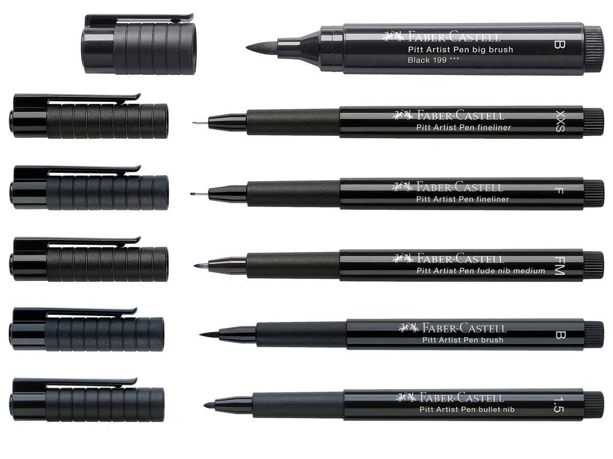 Faber-Castell - Pitt Artist Pen Spitzenset Black, 6 Tuschestifte | Wasserfeste und lichtbeständige Zeichentusche mit verschiedenen Spitzen
