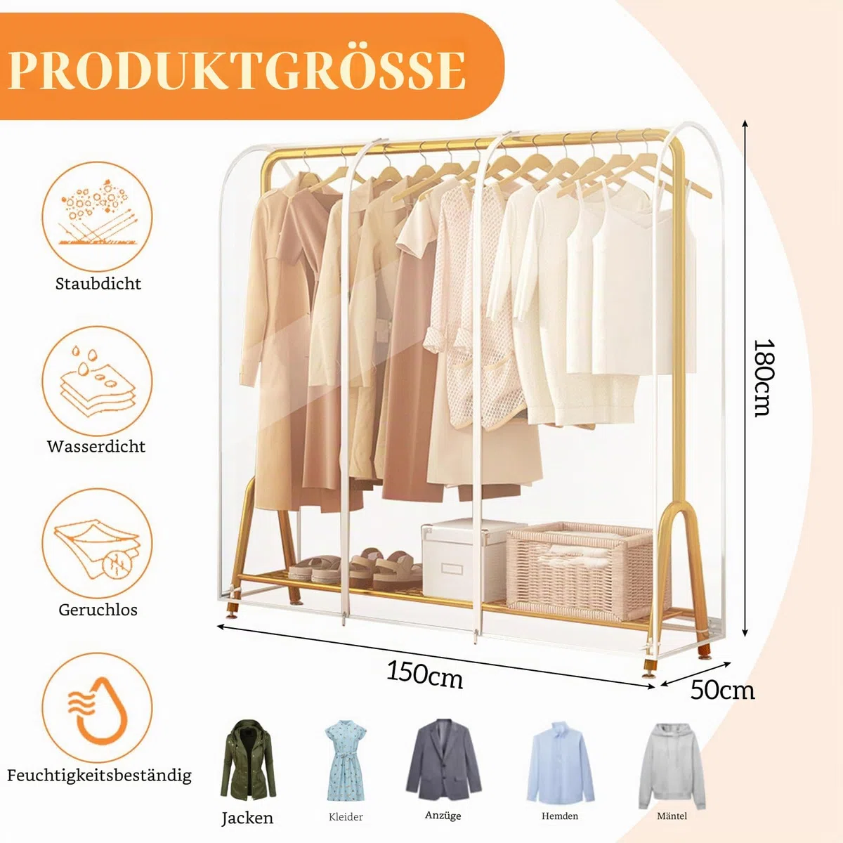 HEKOBAG Kleiderständer Abdeckung Transparent Abdeckhaube Kleiderstange 180 * 150 * 50cm Schutzhülle Kleiderständer Kleiderschutzhüllen mit Reißverschluss Staubdicht Schutz für Kleidung Anzug Mantel