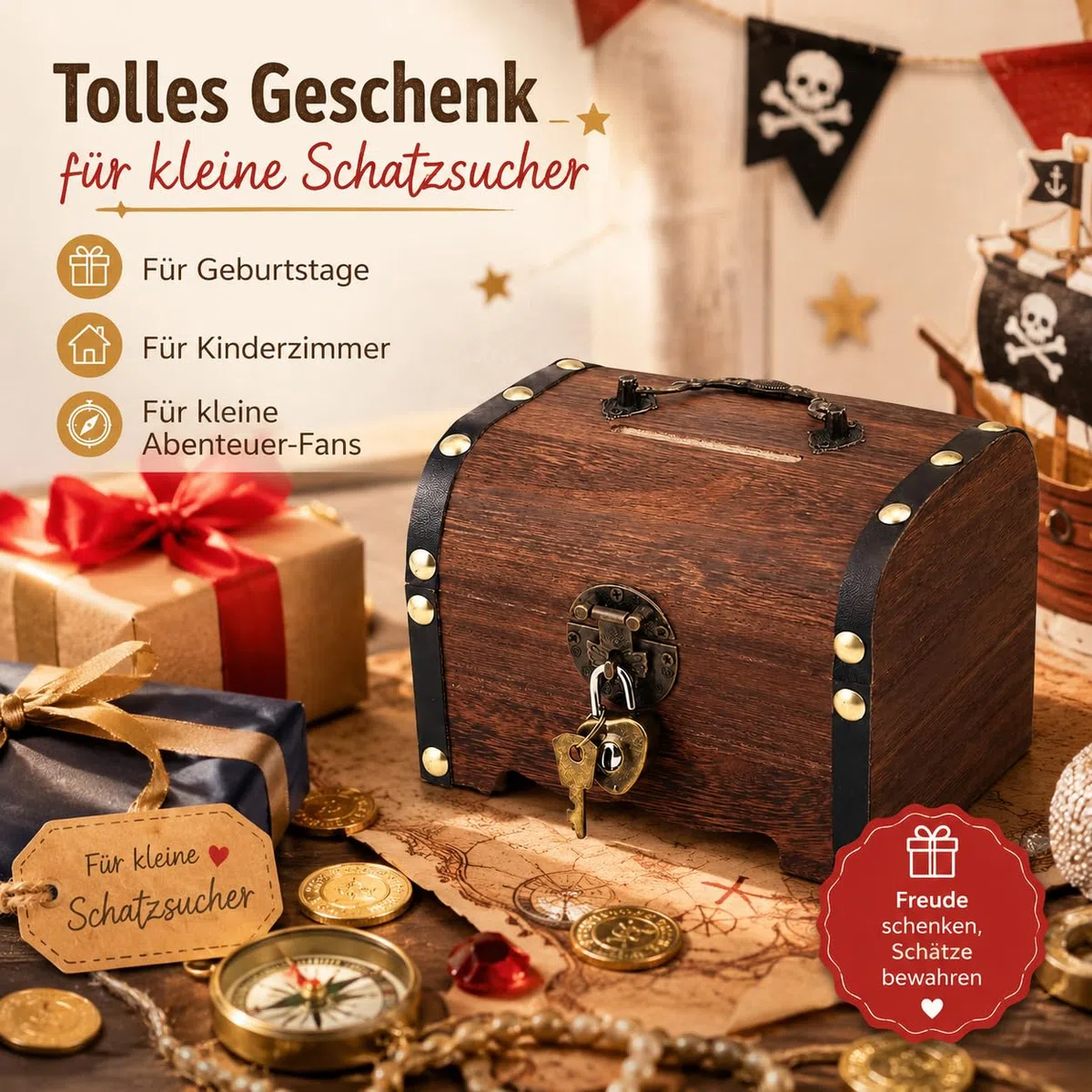 Schatztruhe Holz, Schatzkiste Kindergeburtstag, Schatztruhe Kindergeburtstag, Schatzkiste mit Schloss und Schlüssel, für Aufbewahren, Kindergeschenk(17.5 x 13 x 12.5 cm)