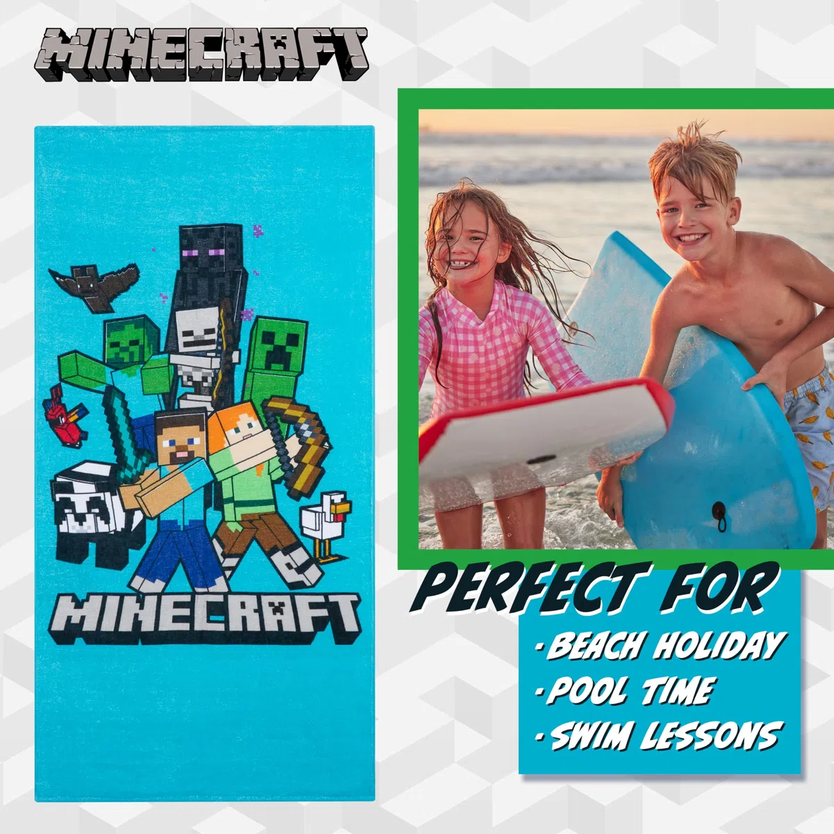 Minecraft Handtuch Kinder Teenagers Badetuch Absorbierend Creeper Strandtuch Baumwolle Duschtuch 70x140 cm für Schwimmen Baden Reise Zubehör
