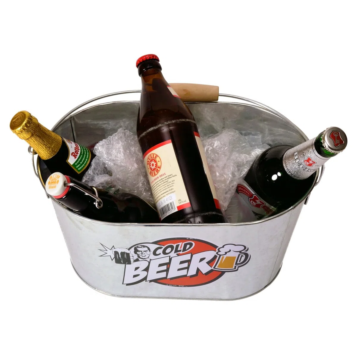 Out of the blue ovaler Metalleimer, Cold Beer, mit Holzhenkel und Griff, 2 Flaschenöffner INKL., ca. 26 x 13 cm, Silber, 26 x 13 x 4 cm