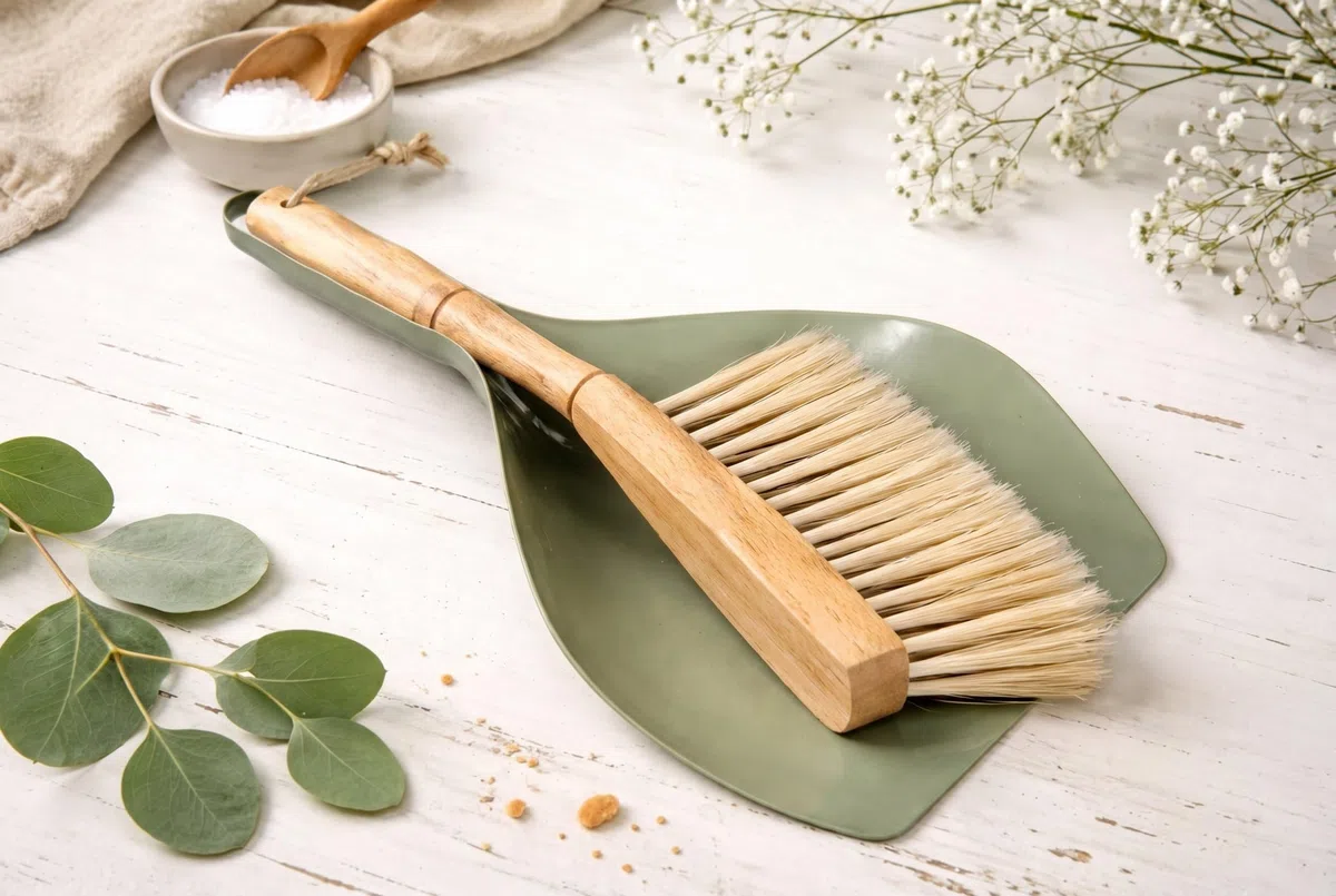 70er Jahre Retro Kehrschaufel Kehrblech mit Schaufel & Besen / 2-teiliges Kehrset mit Handfeger & Besenset im Vintage Design, Olive grün (Mint) / Grau (Gruen)