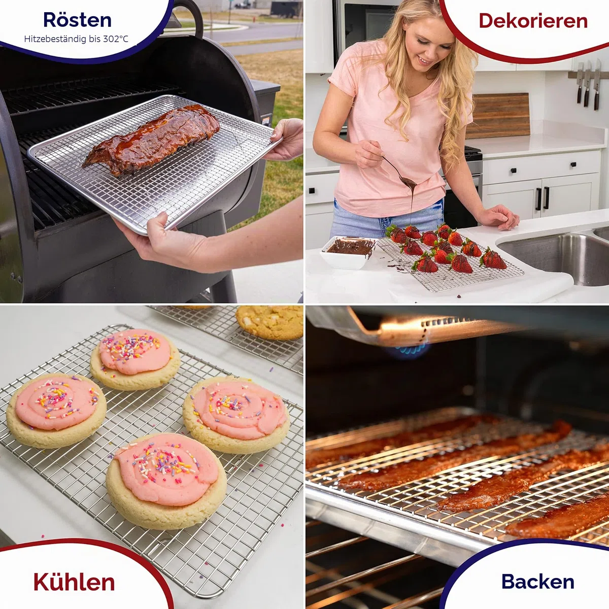 KITCHENATICS Edelstahl-Grillrost & Auskühlgitter, passt auf Backbleche für das Backen von Keksen und Kuchen, Räuchern, Grillen, & Auskühlen, Rost- Resistent & Ofenfest (29,97 x 42,93 cm) Set VON 2