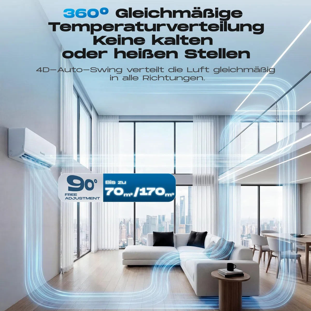 Split Klimaanlage 12000 BTU，4-in-1-Kältegerät mit Heizen, Kühlen, Entfeuchten und Lüften, bis75 m², ultraleise, Fernbedienung & APP, 24h-Timer/Schlaf/ECO-Energiesparmodus, inkl. Montagematerial