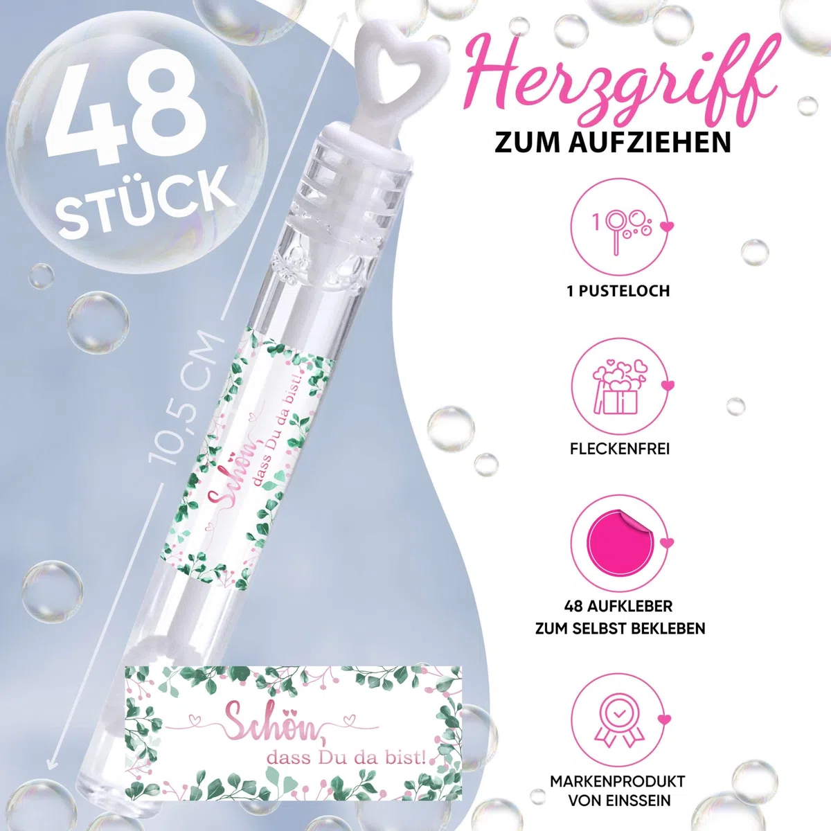 EinsSein Seifenblasen Hochzeit mit Aufkleber Herzgläschen Set rosa-weiss | Gastgeschenke für die goldene Hochzeit Taufe Geburtstag Valentinstag Verlobung Party| Hochzeitsseifenblasen mit Freudentränen